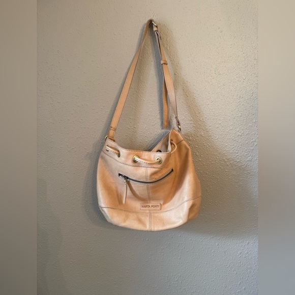 Marta Ponti Leather Bucket Crossbody Bag Tan Woven Front fisherman large - Picture 4 of 11